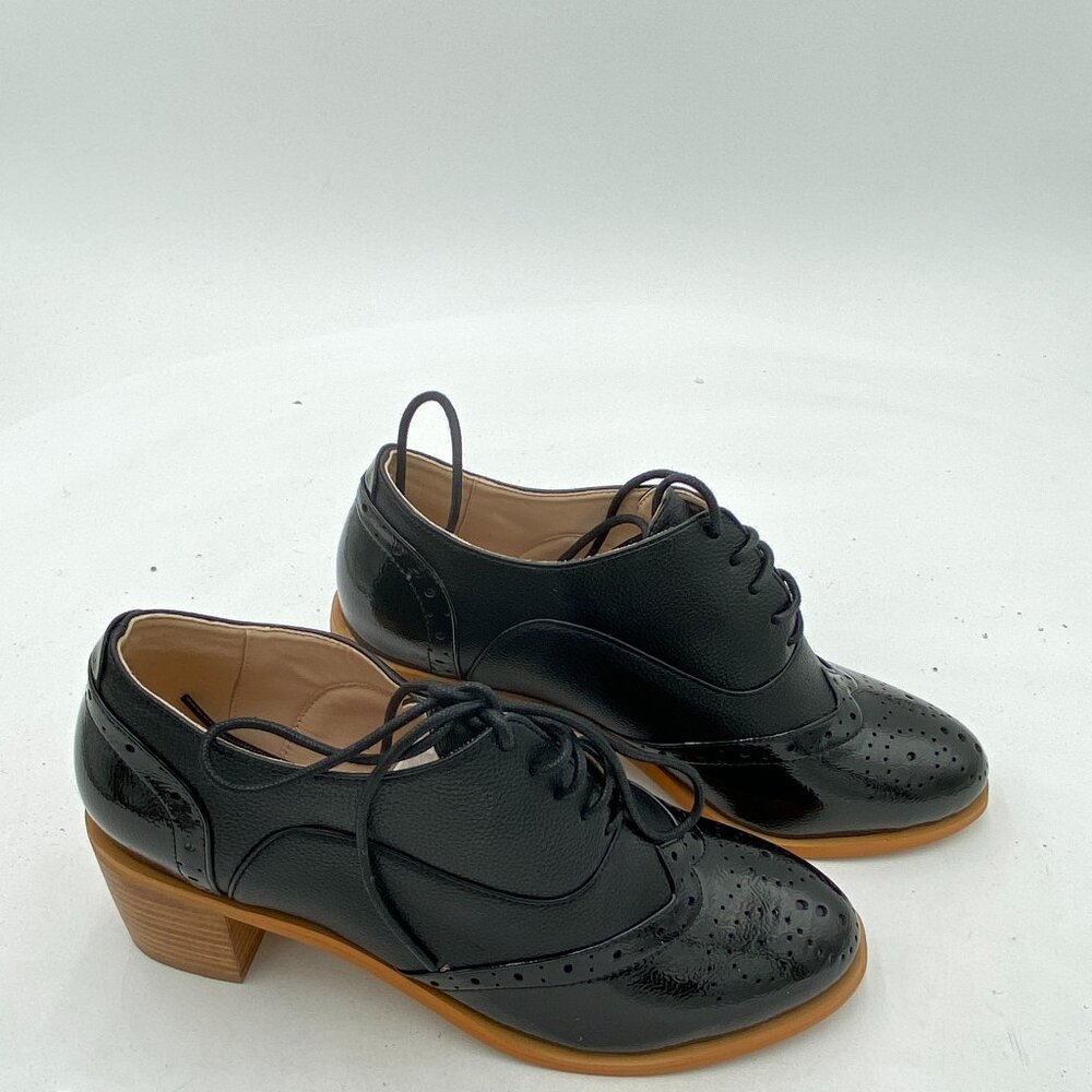 FOWT Women's Perforated Lace-Up Oxfords Almond Toe Mid Chunky Heel Brogues